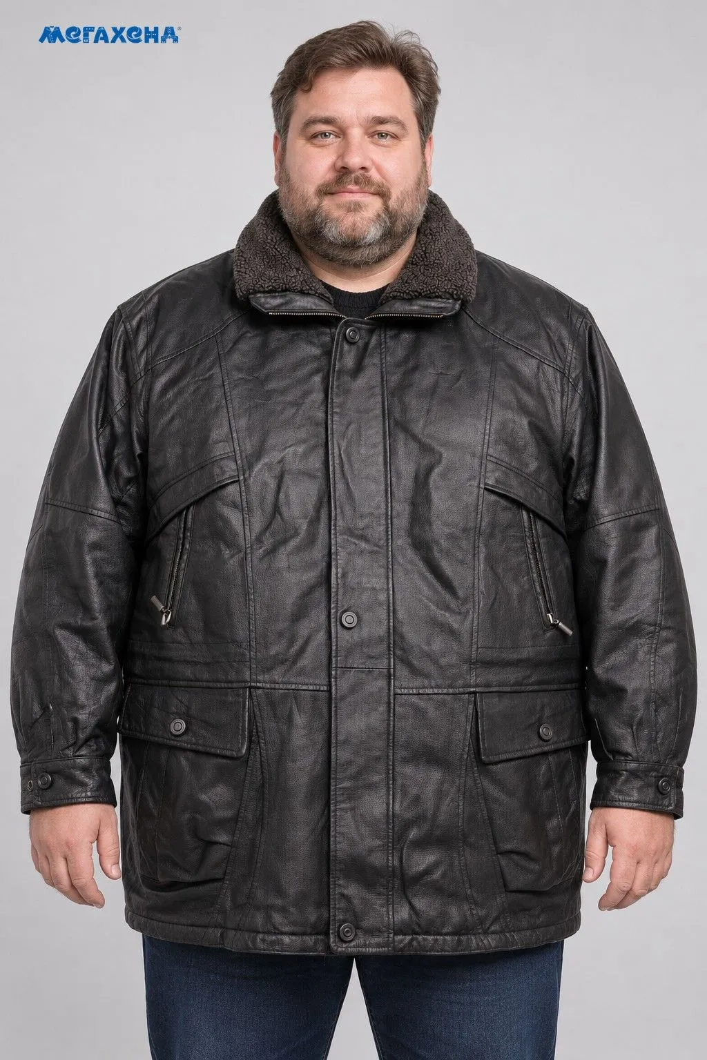 Чёрная кожаная куртка Genuine Leather с тёплой подкладкой, размер 62 (4XL)